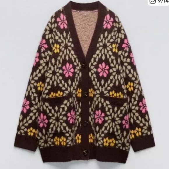 ZARA Oversized Chunky Floral Knit Cardigan Sweater Brown Pink Yellow Size M - Picture 7 of 16